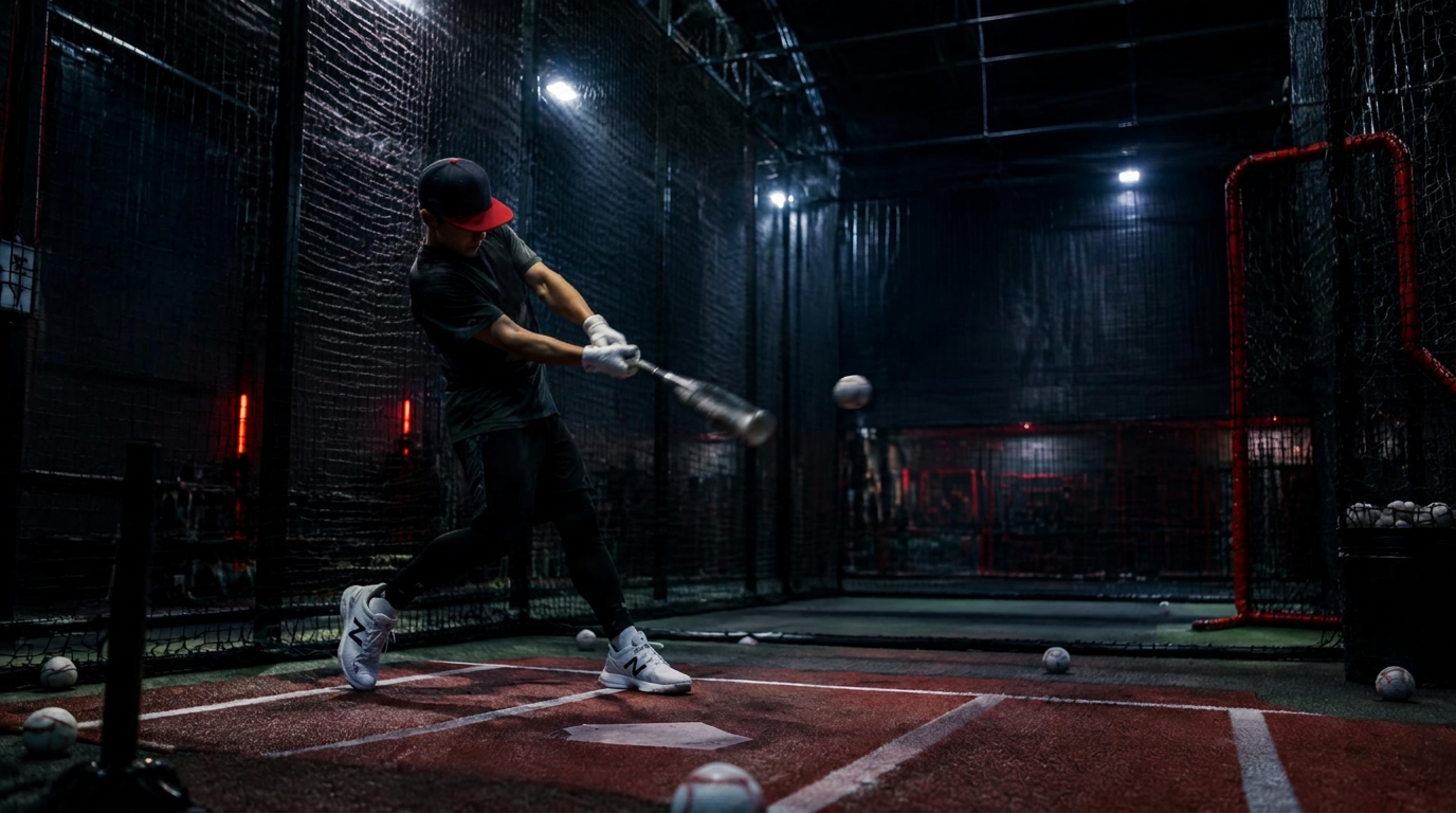 Hitter swinging in an indoor batting cage